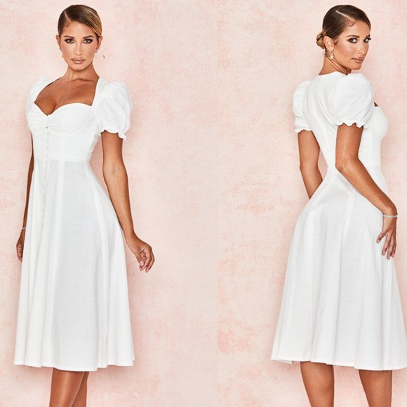 House Of CB ‘Ellery’ White Linen Blend Puff Sleeve Midi Sundress NWOT - Picture 3 of 7